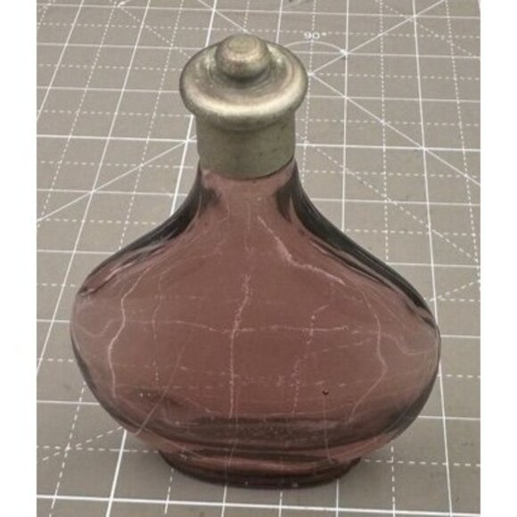 Vintage Amethyst Glass Pear Shaped Small Bottle Screw on Metal Top with Cork - Picture 1 of 7